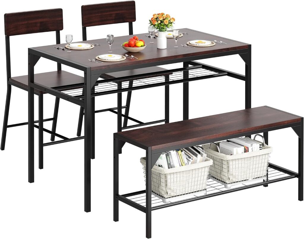 Dining Table and Bench Set, 4-Piece