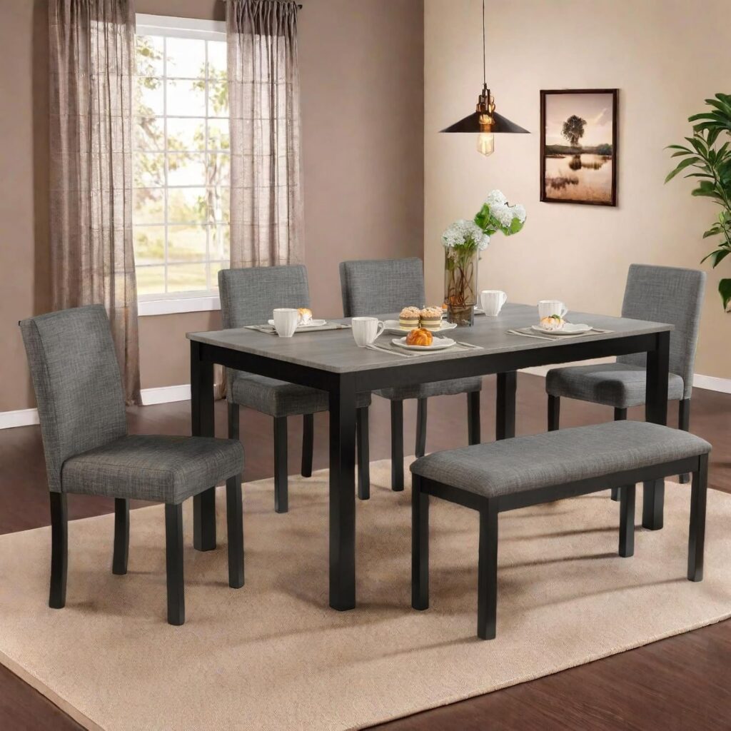 Dining Table and Bench Set, 6-Piece