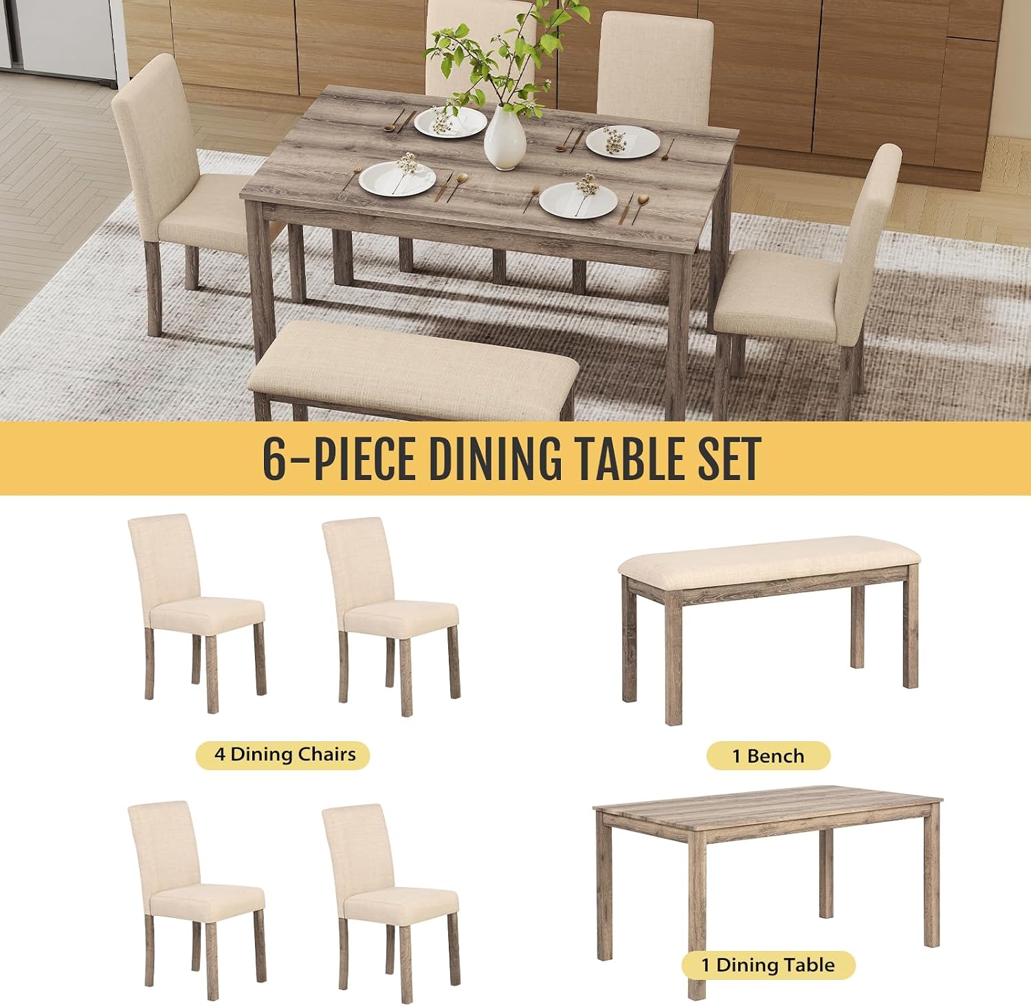 Upholstered Dining Table Set, 6-Piece - Image 4