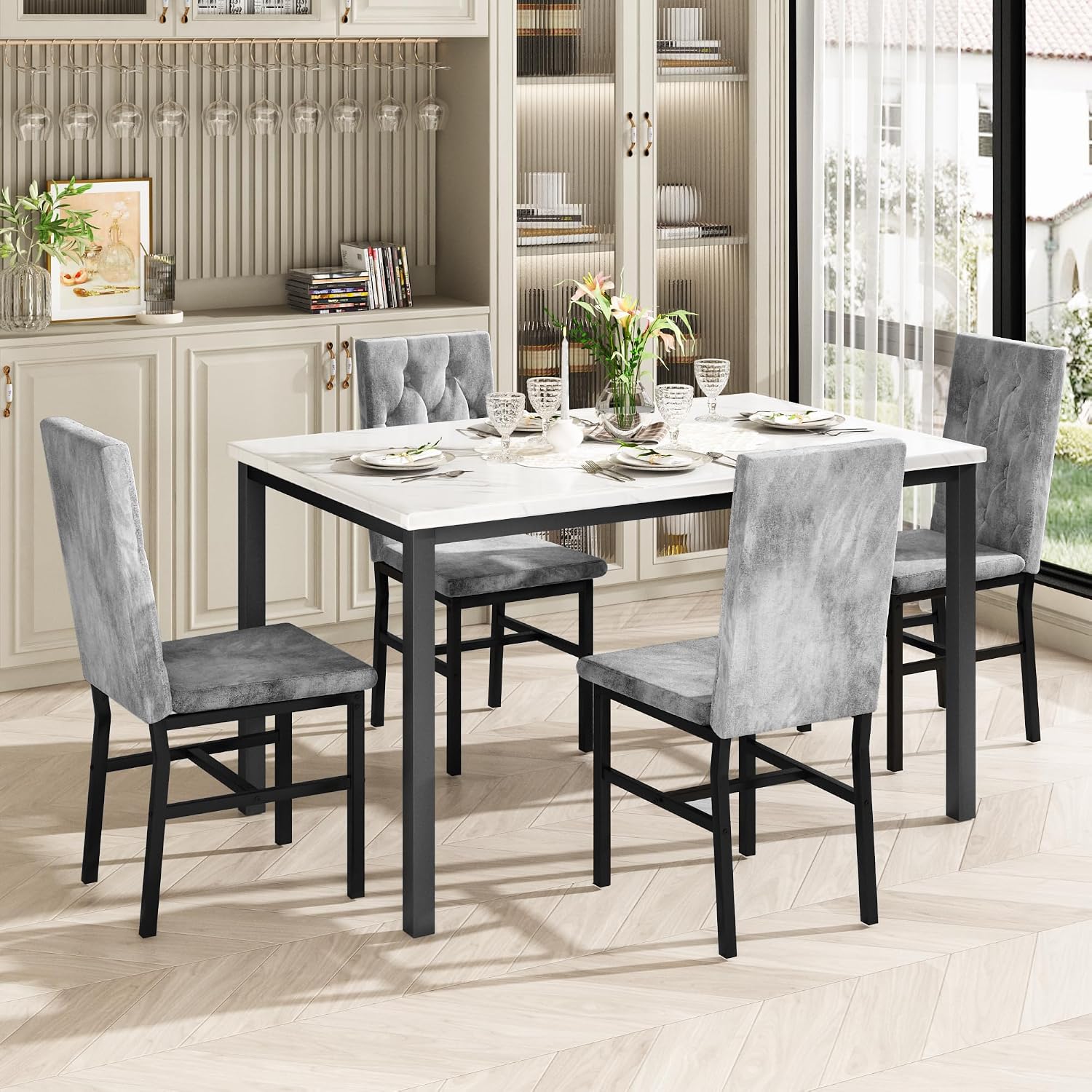 Faux-Marble Dining Table Set, 5-Piece - Image 4