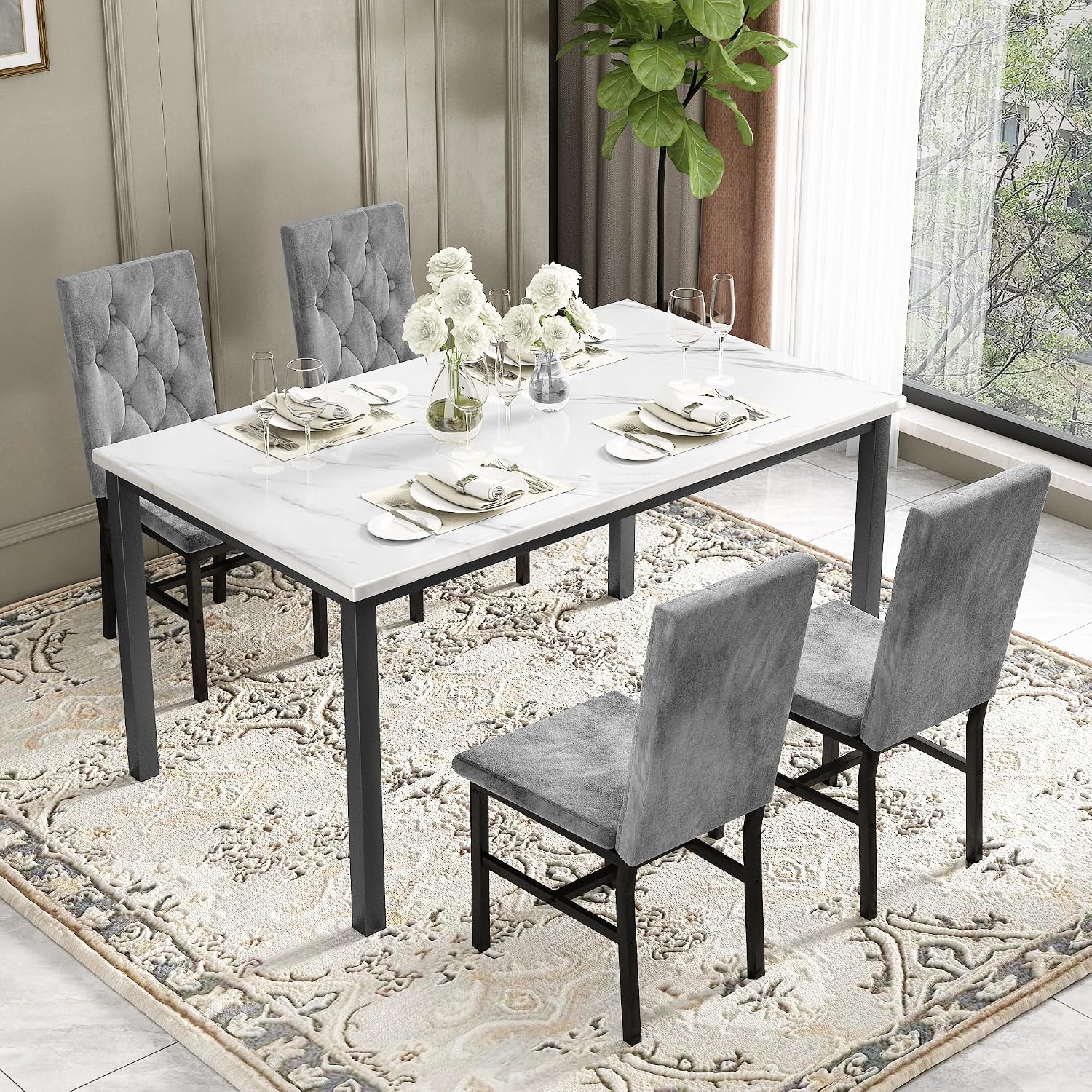 Faux-Marble Dining Table Set, 5-Piece - Image 2
