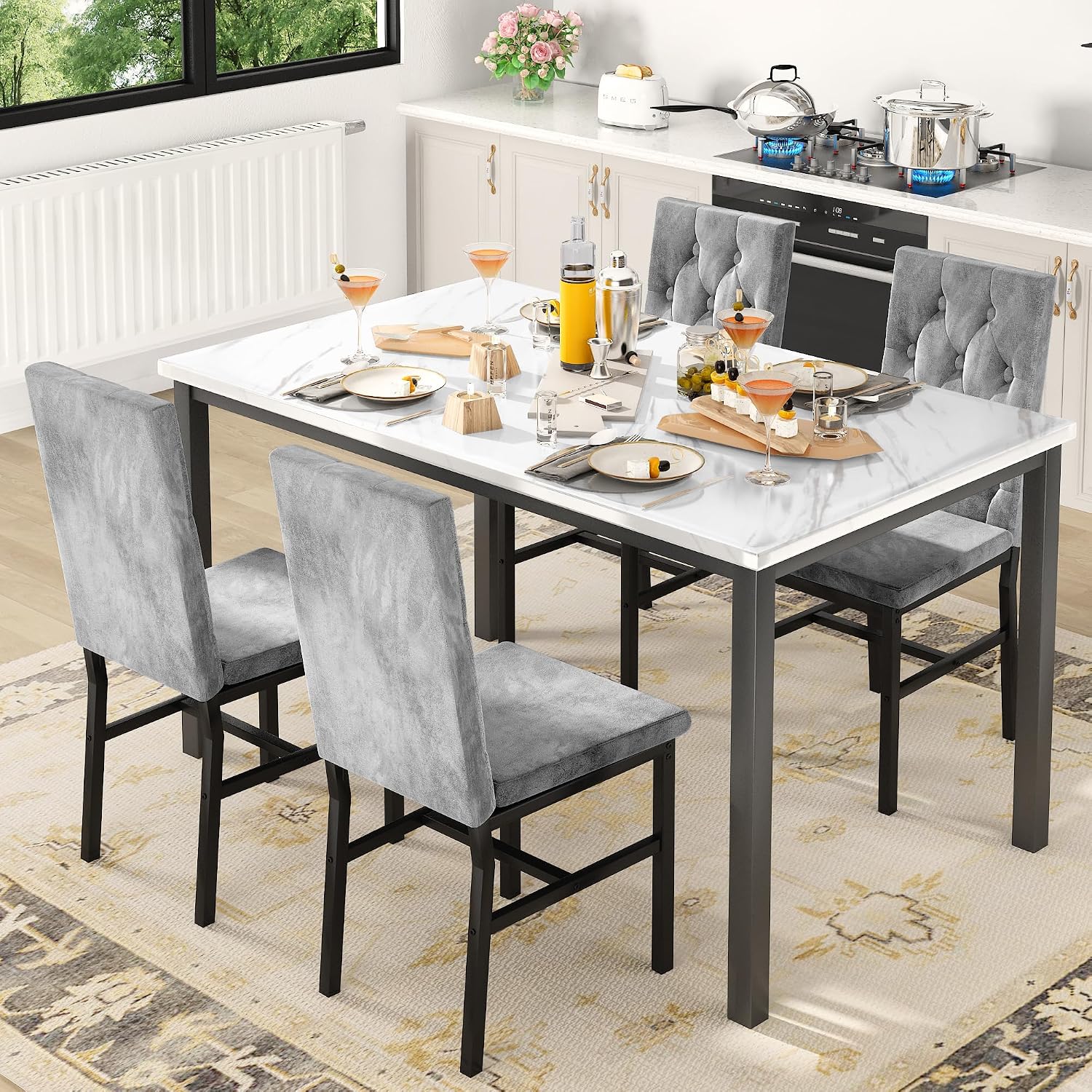 Faux-Marble Dining Table Set, 5-Piece - Image 3